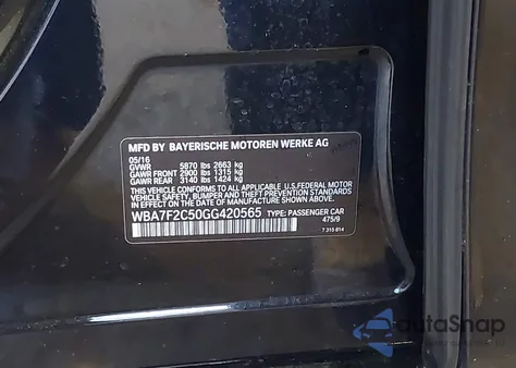 2016 BMW 750I xDrive из США, поврежденный, VIN WBA7F2C50GG420565